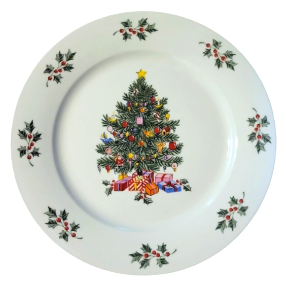1 Vtg Dinner Plate Noel Morning By Gibson Christmas Tree Presents Holly Berries - Picture 1 of 3